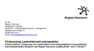 Förderantrag Lastenfahrrad/Lastenpedelec der Region Hannover