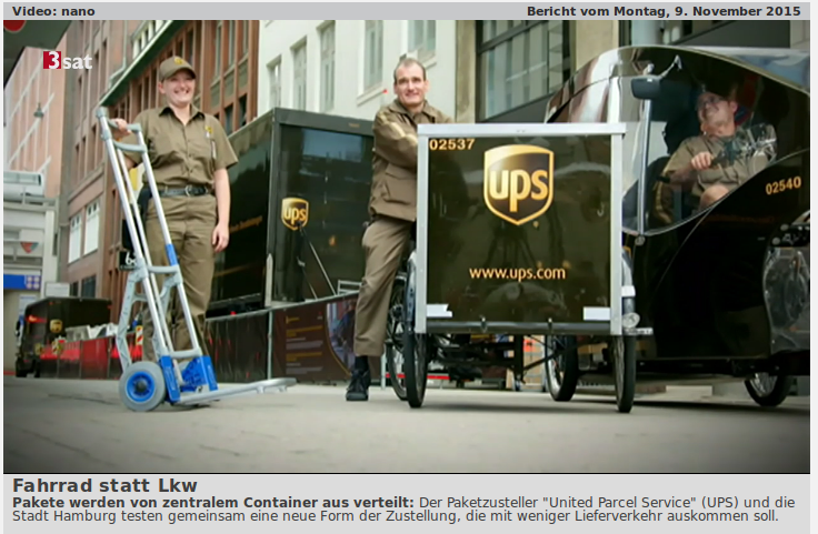 Zusteller von UPS mit Sackkarre udn Cargobikes vor Mikro-Depot