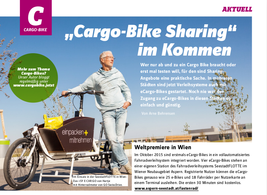 Cargobike-Kolumne in Special-E Nr. 5 - 2016: "Cargo-Bike Sharing" im Kommen